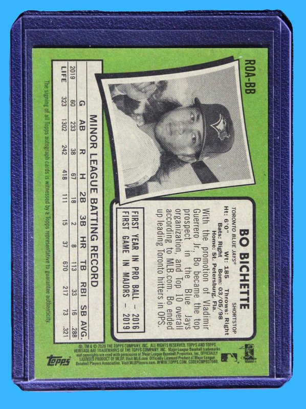 2020 Topps Heritage Bo Bichette Rookie Auto (Blue Ink) - Image 2