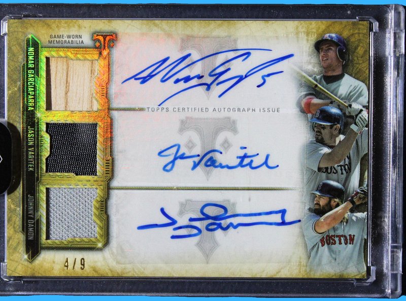 2020 Topps Triple Threads Combo Auto Relic /9 Red Sox Garciaparra, Varitek, and Damon