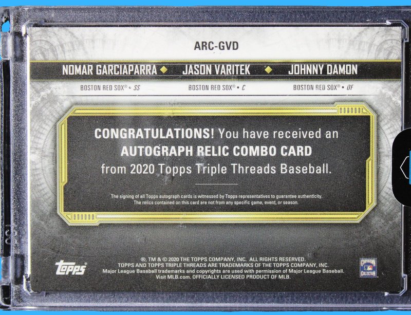 2020 Topps Triple Threads Combo Auto Relic /9 Red Sox Garciaparra, Varitek, and Damon - Image 2