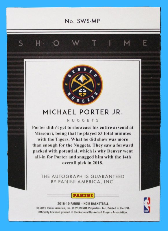 2018-19 Panini Noir Bsaketball Michael Porter Jr. Showtime Rookie Auto /99 - Image 2