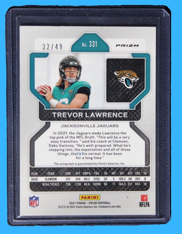 2021 Panini Prizm Football Trevor Lawrence Purple Power Prizm Rookie Autograph /49 - Image 2